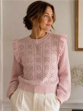 NWT Reitmans Pointelle Ruffle Knit Sweater Pink Cotton Blend Large Office Soft